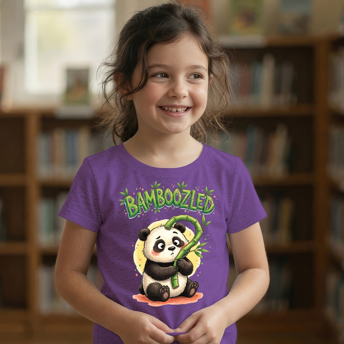 Child wearing purple Bamboozled panda graphic t-shirt, confused panda illustration with bamboo question mark design on chest