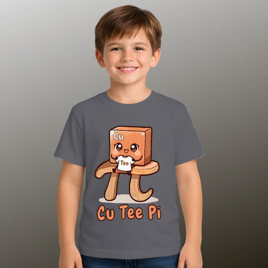 boy wearing cute Cu Tee Pi kids STEM charcoal t-shirt with copper cube cartoon sitting on a pi symbol table
