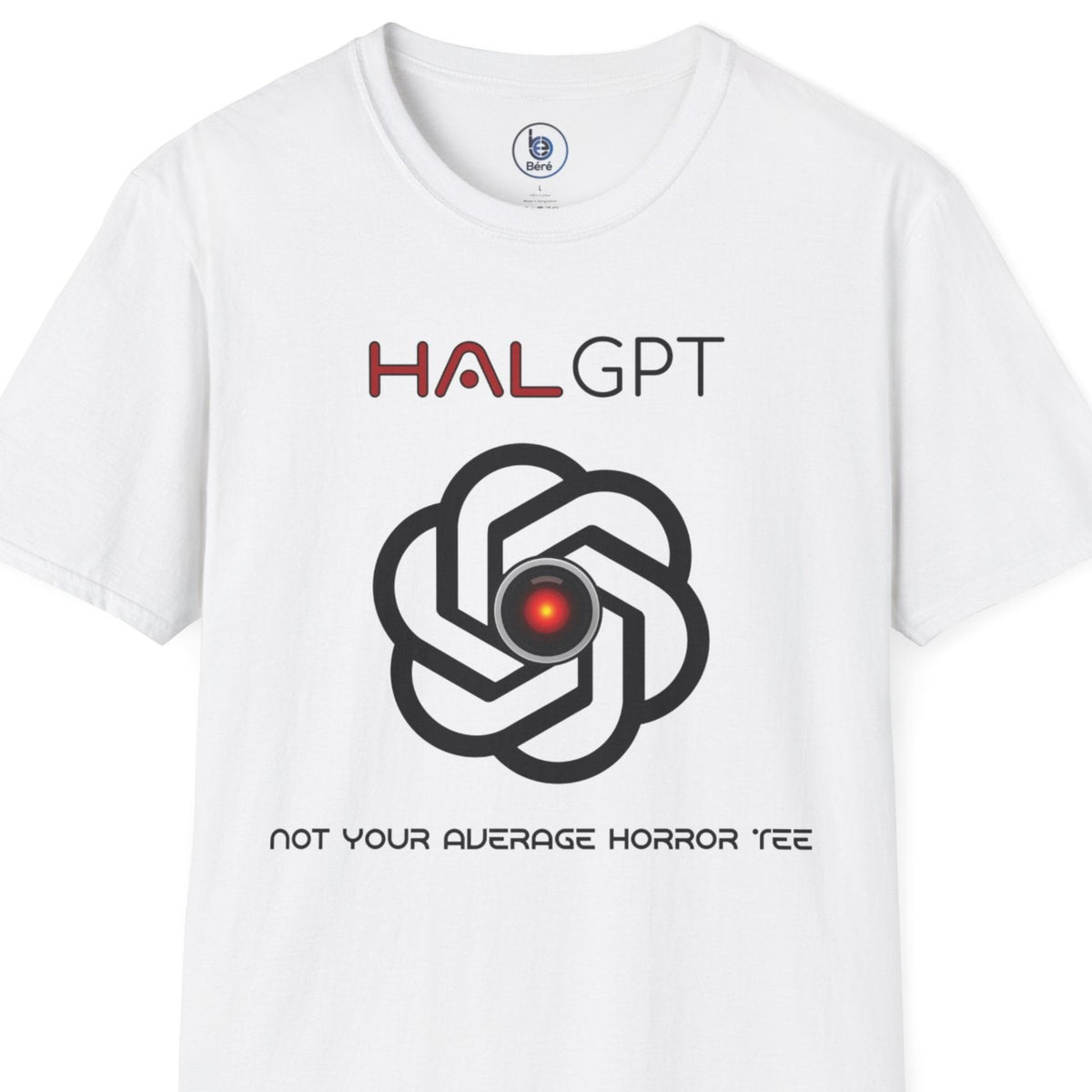 White HAL GPT “2001 Could Be 2030” AI horror layflat T-shirt hanging