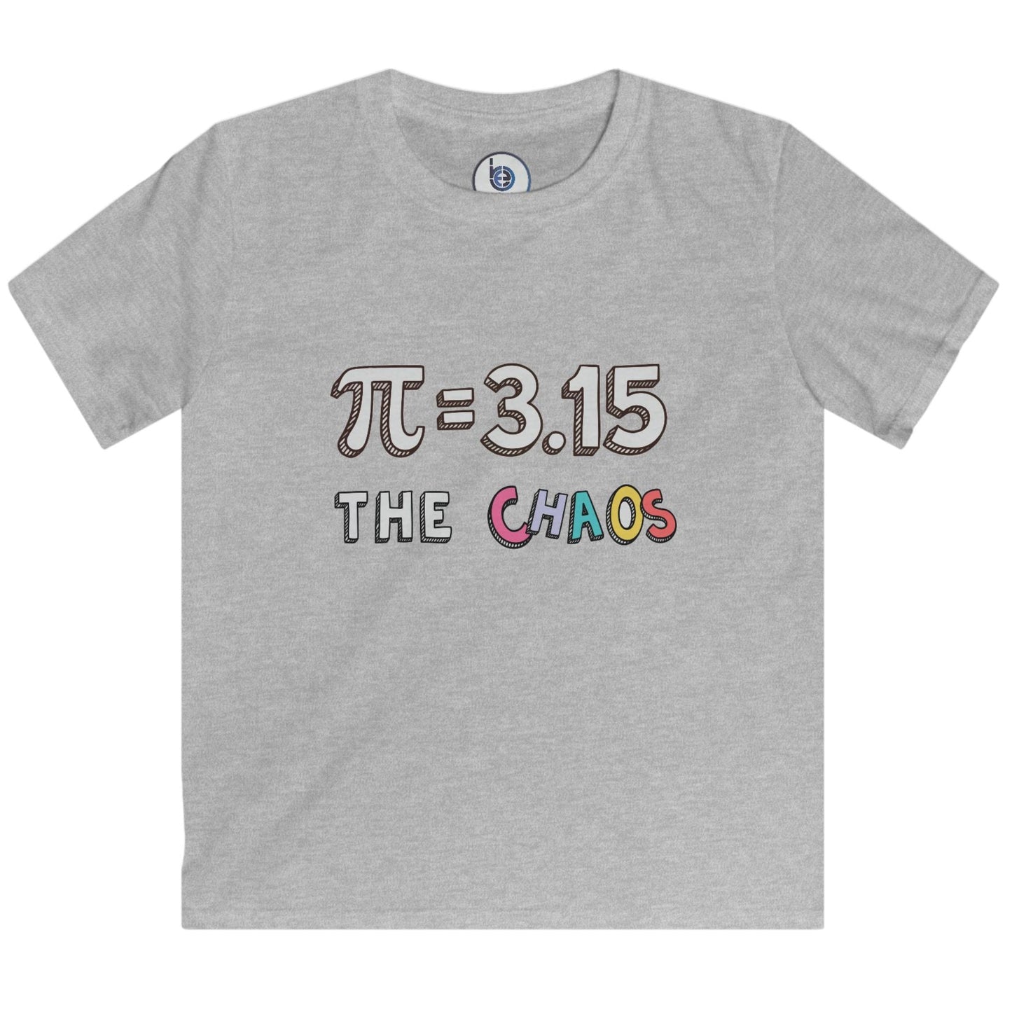 “π = 3.15 The Chaos” math graphic on kids Pi Day layflat t-shirt in sports grey