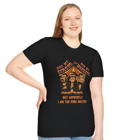 Female model wearing Not My Circus black graphic t-shirt with vintage circus illustration