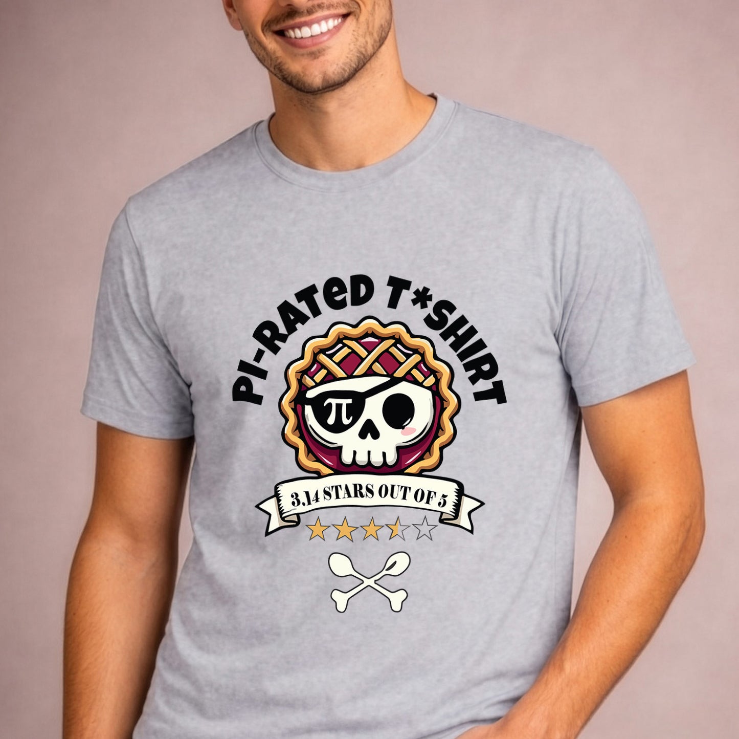 Front facing male model wearing a funny Pi-rated t-shirt with pirate pie skull and 3.14 stars math humor design
