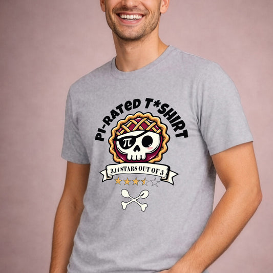 Side facing male model wearing a funny Pi-rated t-shirt with pirate pie skull and 3.14 stars math humor design