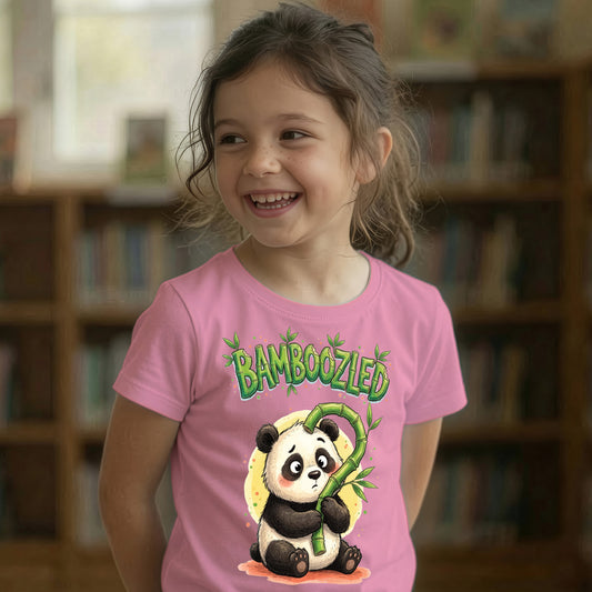 Child with hands behind her back wearing pink Bamboozled panda graphic t-shirt, confused panda illustration with bamboo question mark design on chest