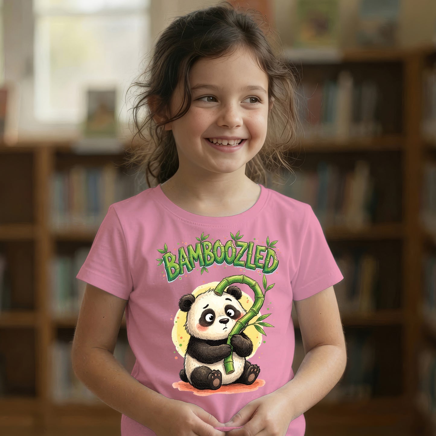 Child wearing pink Bamboozled panda graphic t-shirt, confused panda illustration with bamboo question mark design on chest