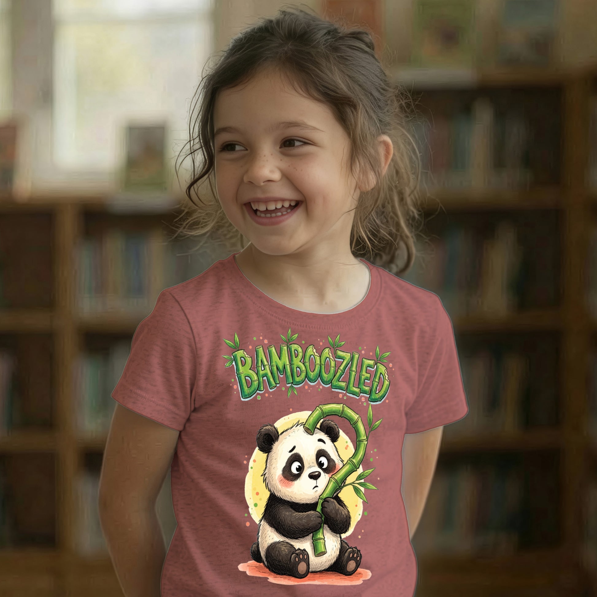 Child with hands behind her back wearing mauve Bamboozled panda graphic t-shirt, confused panda illustration with bamboo question mark design on chest