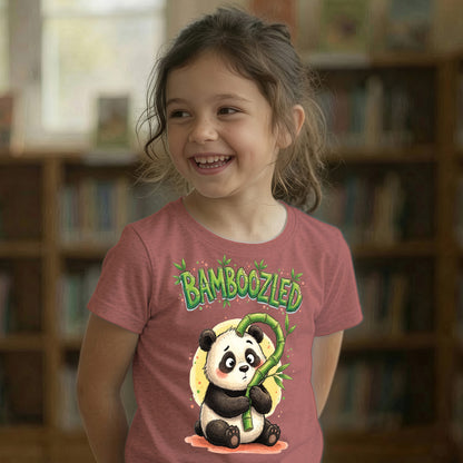 Child with hands behind her back wearing mauve Bamboozled panda graphic t-shirt, confused panda illustration with bamboo question mark design on chest