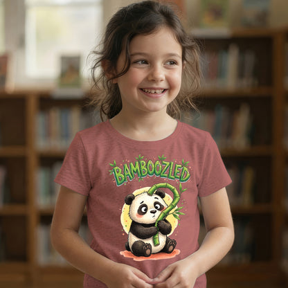 Child wearing mauve Bamboozled panda graphic t-shirt, confused panda illustration with bamboo question mark design on chest
