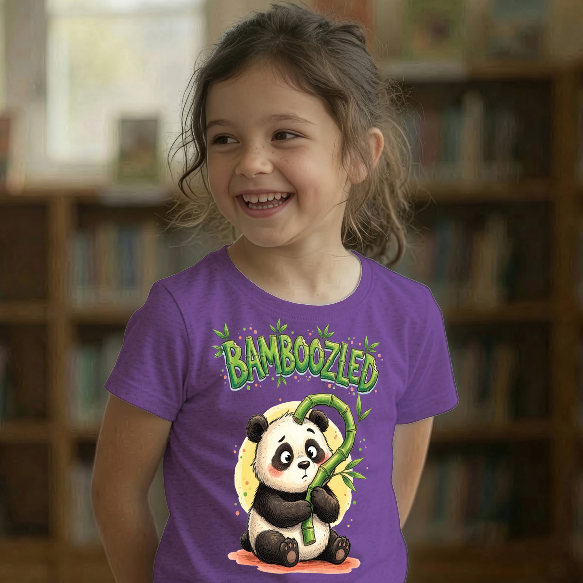 Child with hands behind her back wearing purple Bamboozled panda graphic t-shirt, confused panda illustration with bamboo question mark design on chest