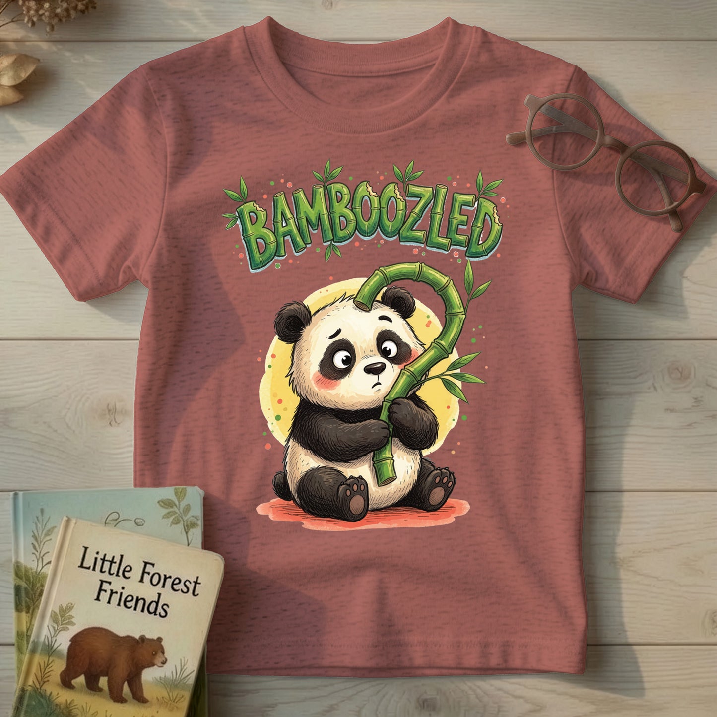 Heather Mauve  kids t-shirt with a hand-illustrated panda holding a bamboo stalk bent into a question mark, "Bamboozled" text above in bamboo-style lettering