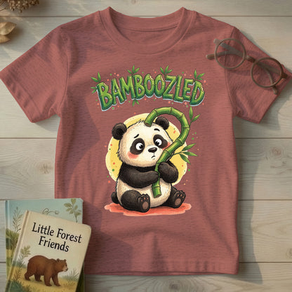 Heather Mauve  kids t-shirt with a hand-illustrated panda holding a bamboo stalk bent into a question mark, "Bamboozled" text above in bamboo-style lettering