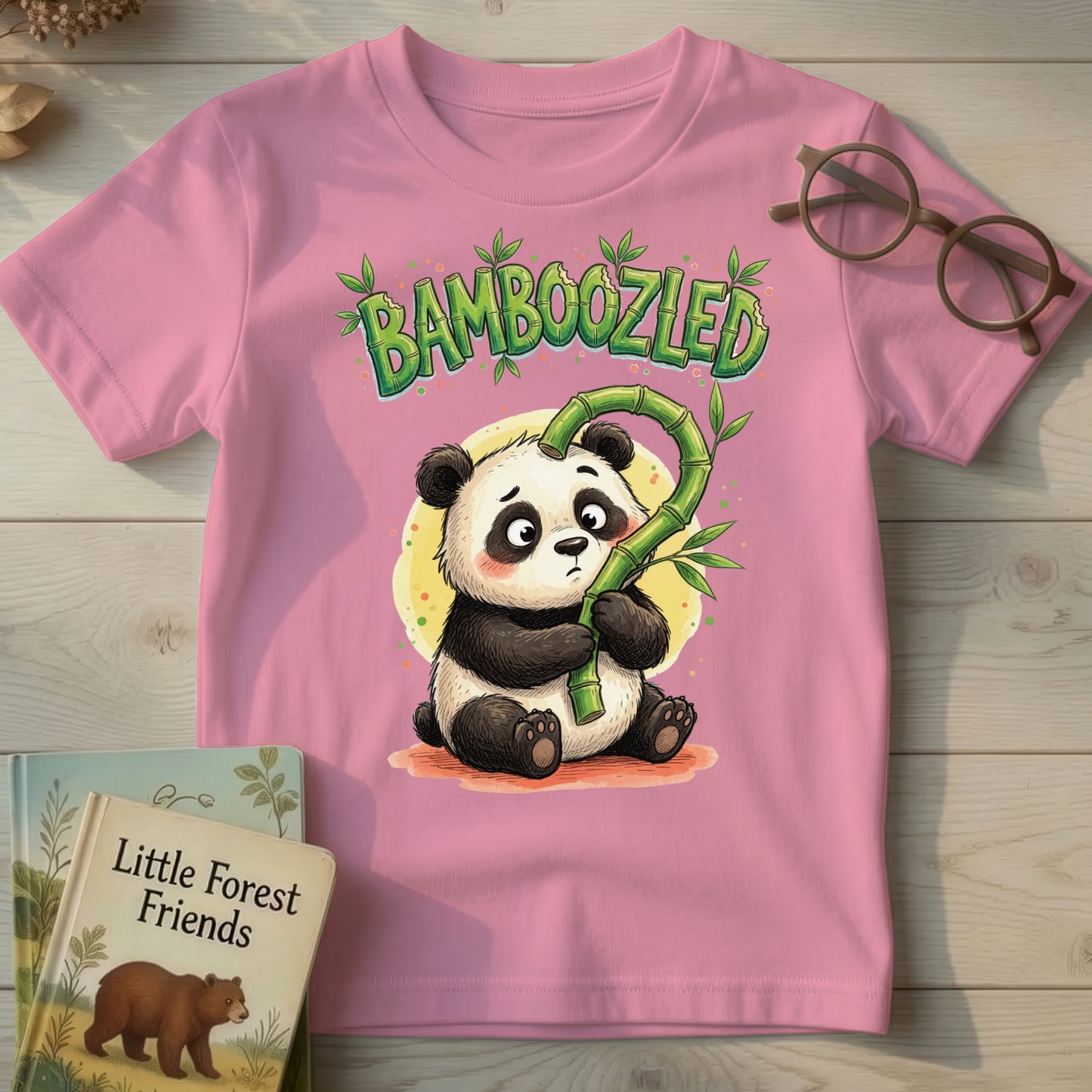 Pink kids t-shirt with a hand-illustrated panda holding a bamboo stalk bent into a question mark, "Bamboozled" text above in bamboo-style lettering