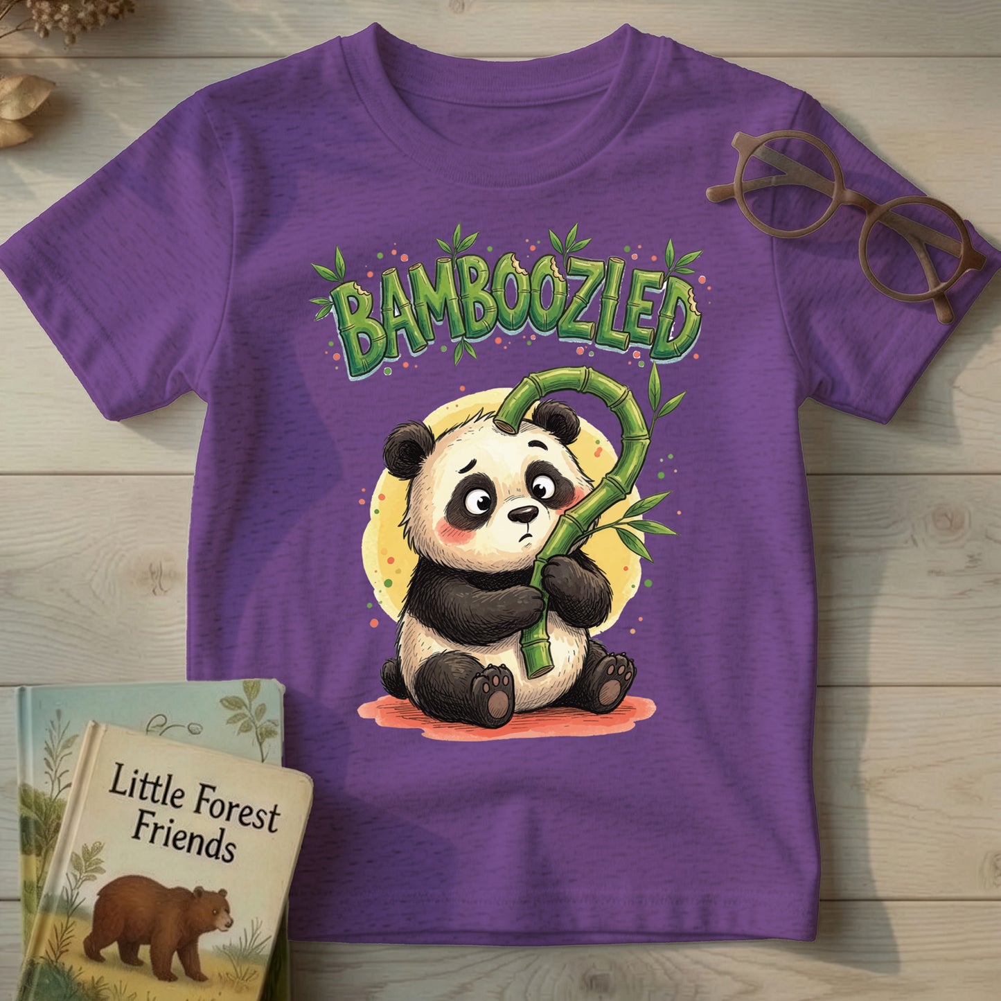 Purple kids t-shirt with a hand-illustrated panda holding a bamboo stalk bent into a question mark, "Bamboozled" text above in bamboo-style lettering