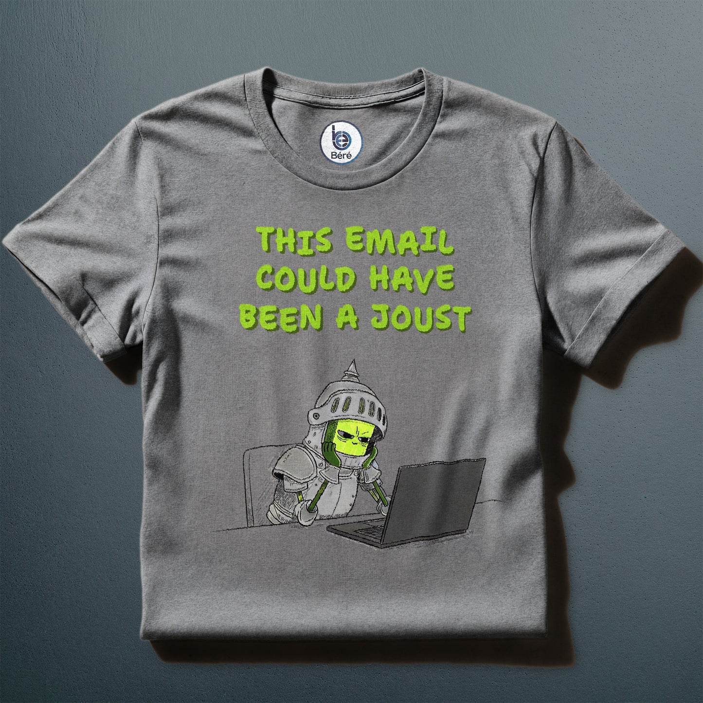 Béré funny office knight graphic t-shirt in gray flat lay — 
This Email Could Have Been a Joust print tee