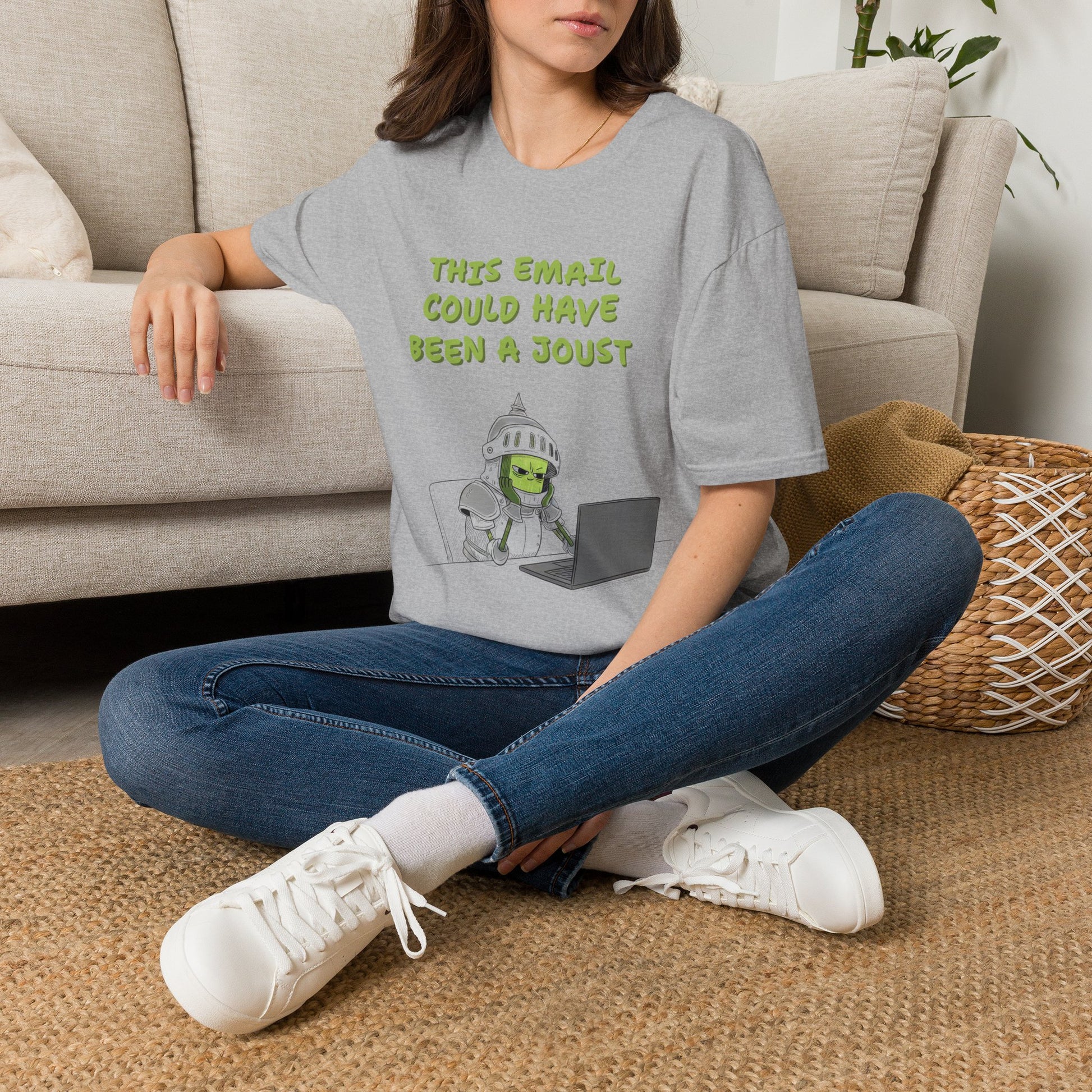 funny knight workplace humor gray  graphic t-shirt with medieval helmet in  relaxed setting