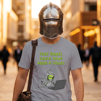 funny knight workplace humor gray graphic t-shirt 
with medieval helmet in city street