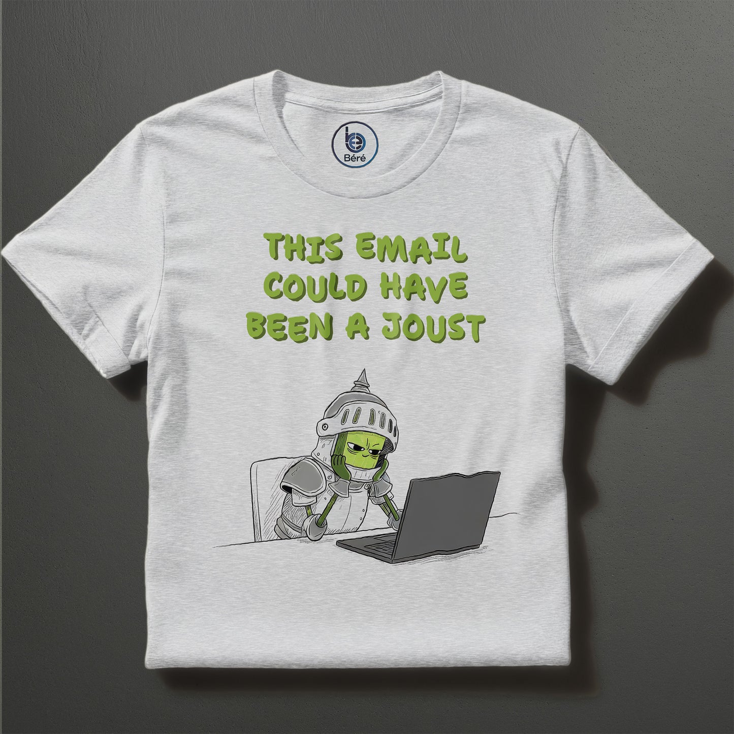 Béré funny office knight graphic t-shirt in white flat lay — 
This Email Could Have Been a Joust print tee