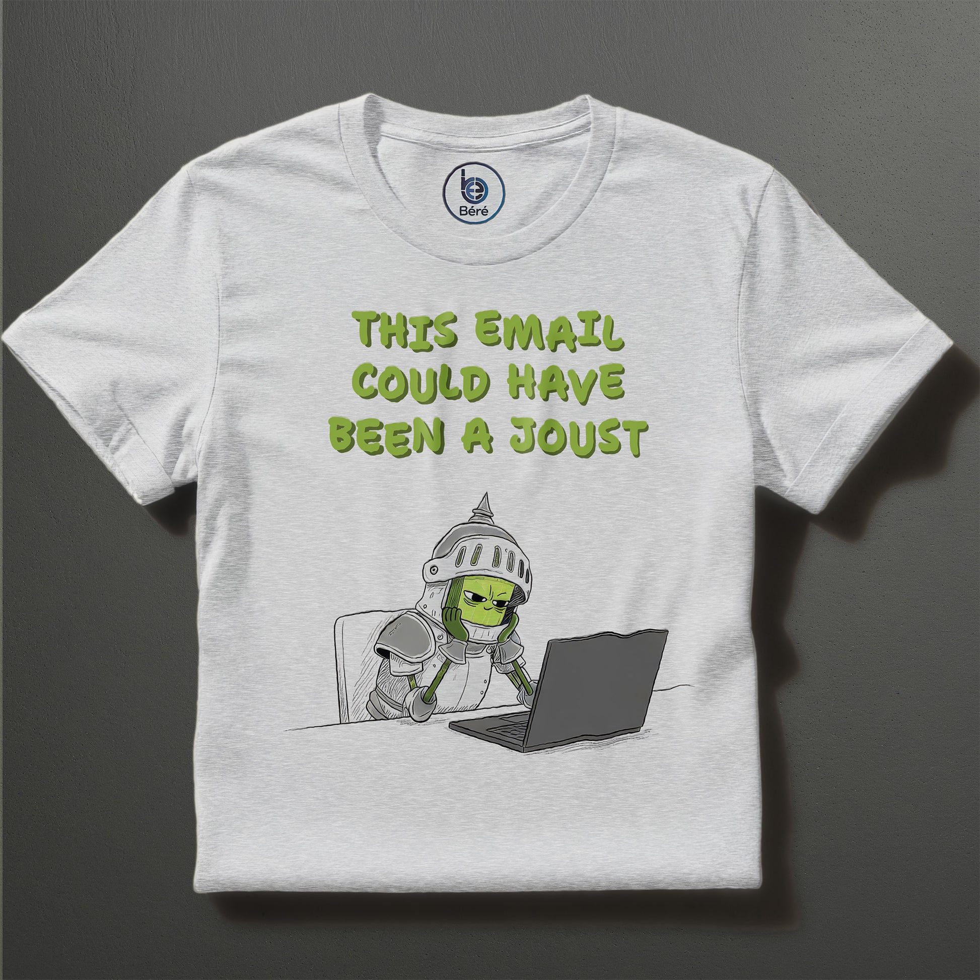 Béré funny office knight graphic t-shirt in white flat lay — 
This Email Could Have Been a Joust print tee