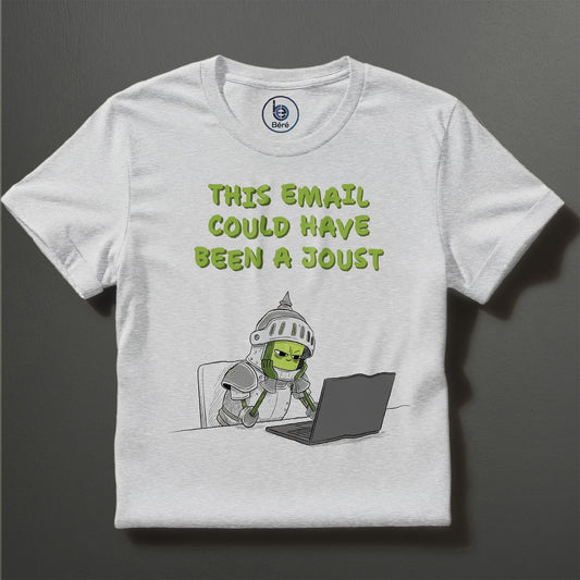 Béré funny office knight graphic t-shirt in white flat lay — 
This Email Could Have Been a Joust print tee