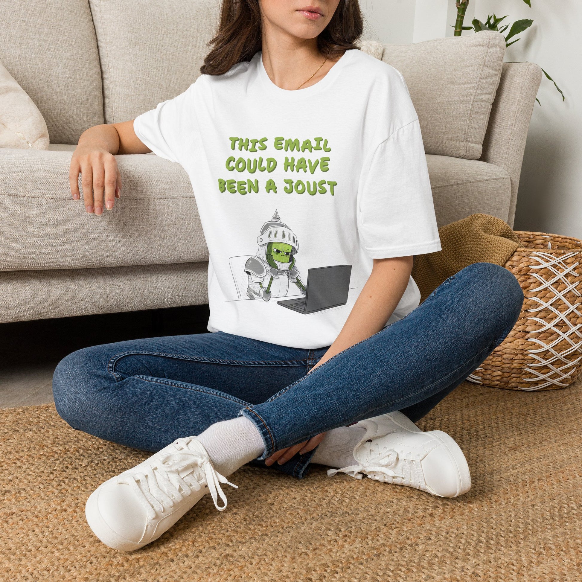 funny knight workplace humor white  graphic t-shirt with medieval helmet in  relaxed setting