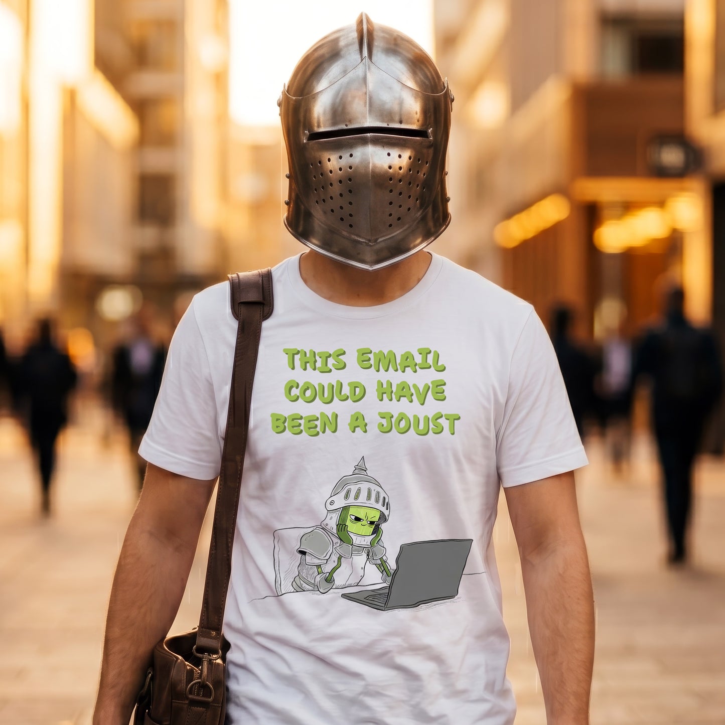 funny knight workplace humor white graphic t-shirt 
with medieval helmet in city street