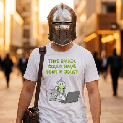 funny knight workplace humor white graphic t-shirt 
with medieval helmet in city street