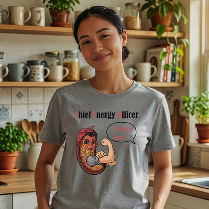 woman wearing chief energy officer mitochondria powerhouse of the cell t shirt in kitchen