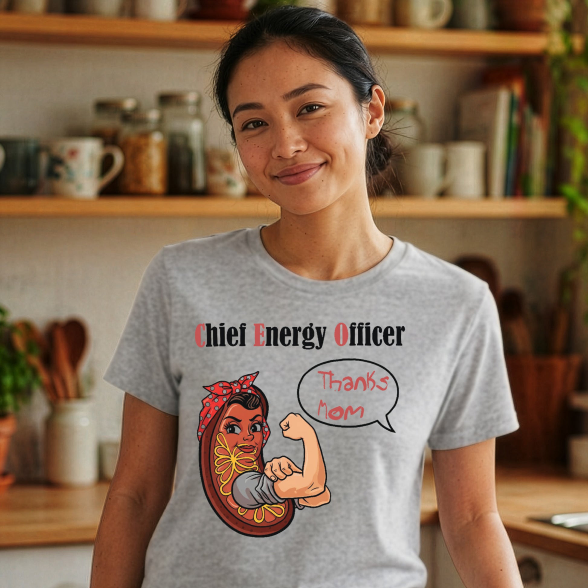 woman wearing funny science mom shirt with mitochondria and thanks mom message