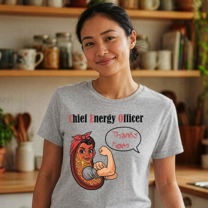 woman wearing funny science mom shirt with mitochondria and thanks mom message