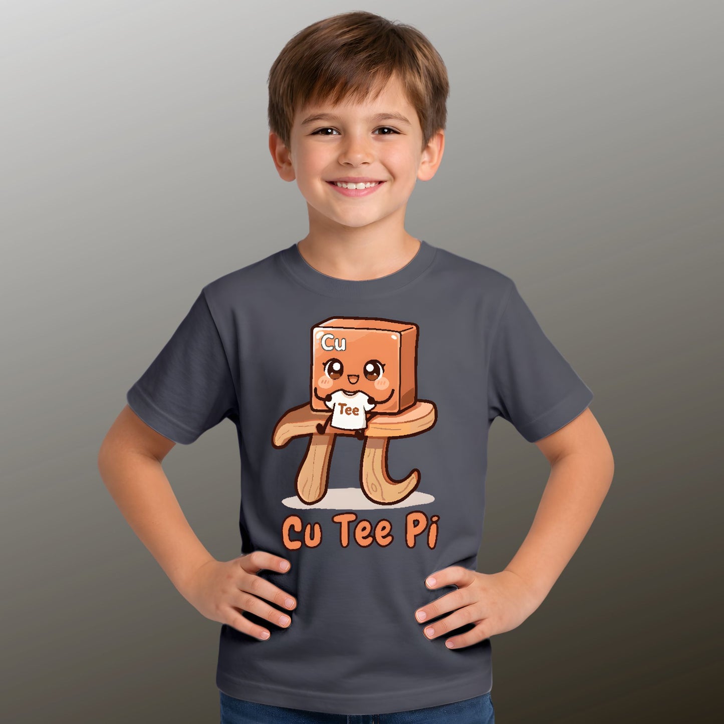 Boy with hand on hips wearing Cu Tee Pi STEM pun charcoal T-shirt with copper cube and pi symbol table design