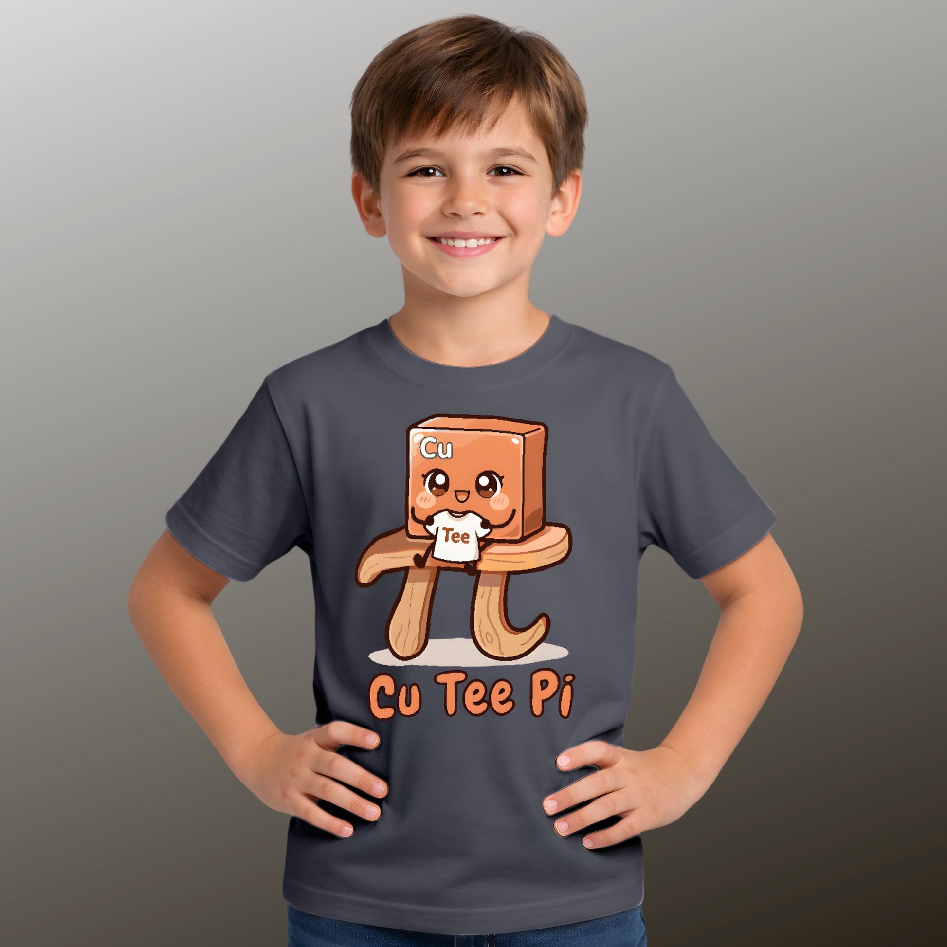 Boy with hand on hips wearing Cu Tee Pi STEM pun charcoal T-shirt with copper cube and pi symbol table design