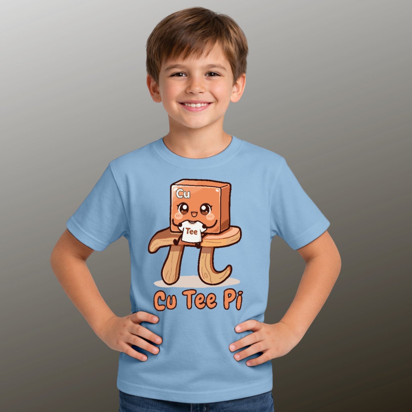 boy with hand on hips wearing Cu Tee Pi STEM pun blue t-shirt with copper cube and pi symbol table design