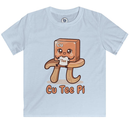 Cu Tee Pi kids STEM layflat blue t-shirt with copper cube cartoon sitting on a pi symbol table cute science pun shirt