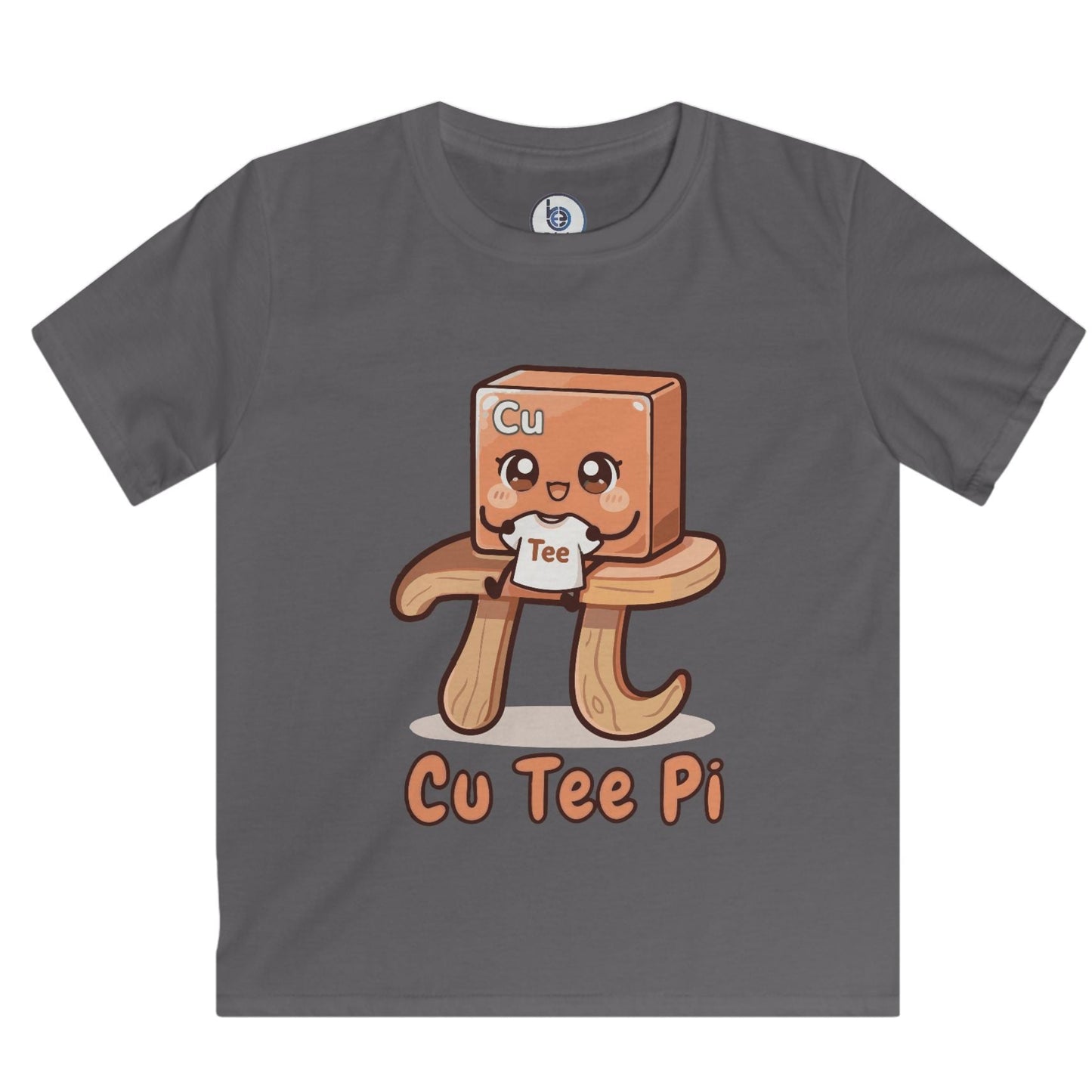 Cu Tee Pi kids STEM layflat charcoal t-shirt with copper cube cartoon sitting on a pi symbol table cute science pun shirt