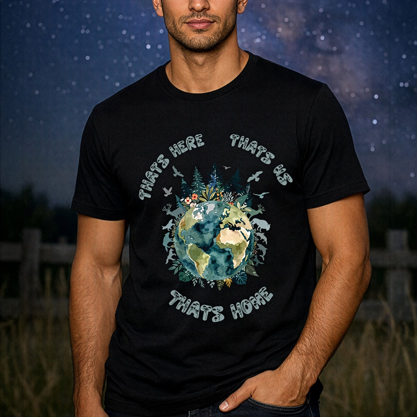 Nature planet Earth graphic black t-shirt on man with wildlife illustration and “That’s Home” eco design