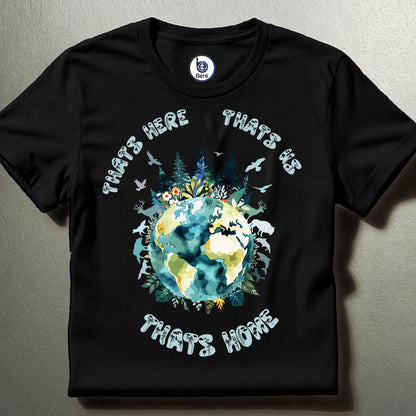 Black Earth graphic layflat t-shirt with wildlife and forest illustration “That’s Home” nature design
