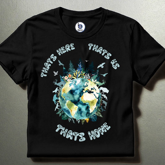 Black Earth graphic layflat t-shirt with wildlife and forest illustration “That’s Home” nature design