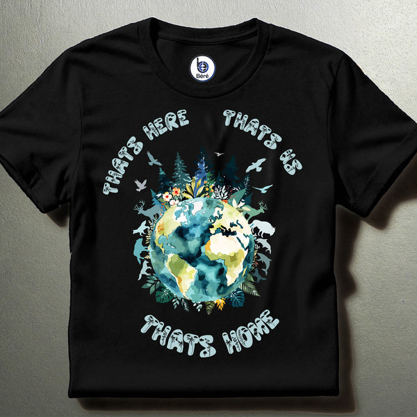Black Earth graphic layflat t-shirt with wildlife and forest illustration “That’s Home” nature design