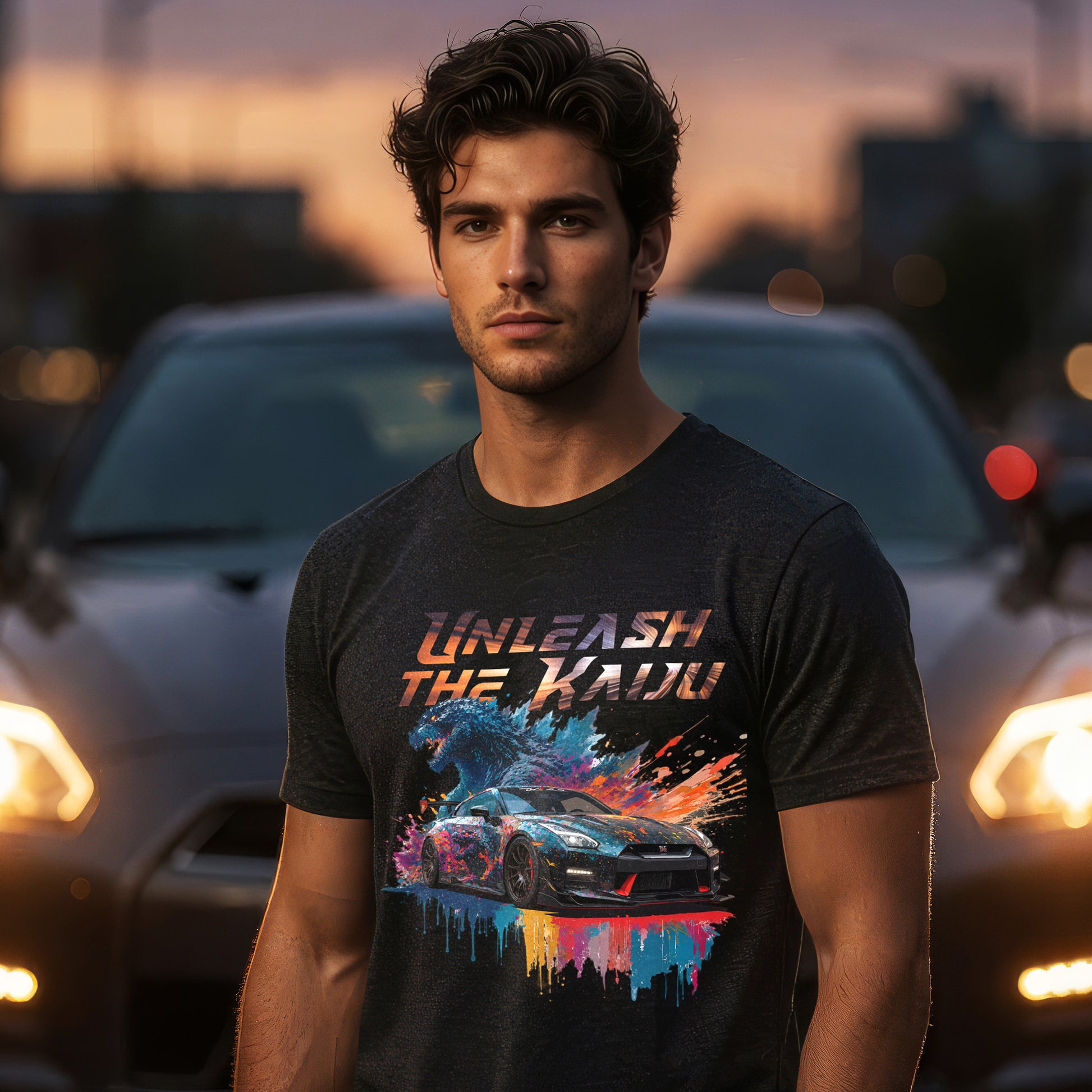 Man wearing a black t-shirt with nissan gtr35 with godzilla design and text 'UNLEASH THE KAiju'  standing in front of cars at dusk.