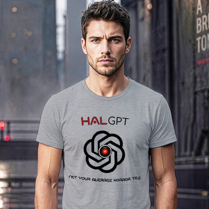 Man wearing a grey HAL GPT “2001 Could Be 2030” AI horror T-shirt