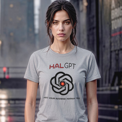 Woman wearing a grey HAL GPT “2001 Could Be 2030” AI horror T-shirt
