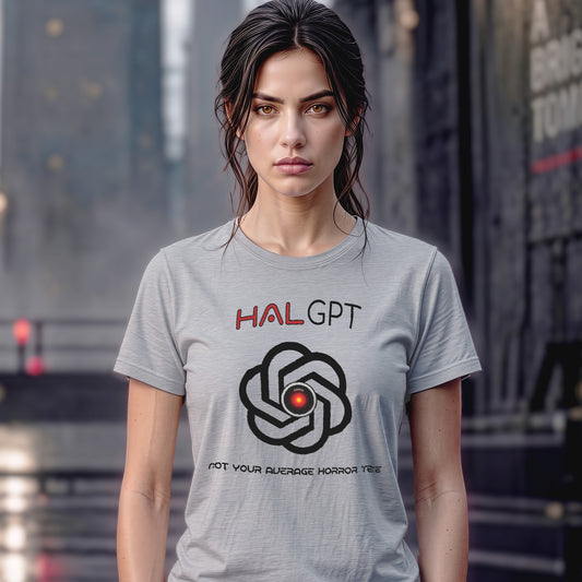 Woman wearing a grey HAL GPT “2001 Could Be 2030” AI horror T-shirt