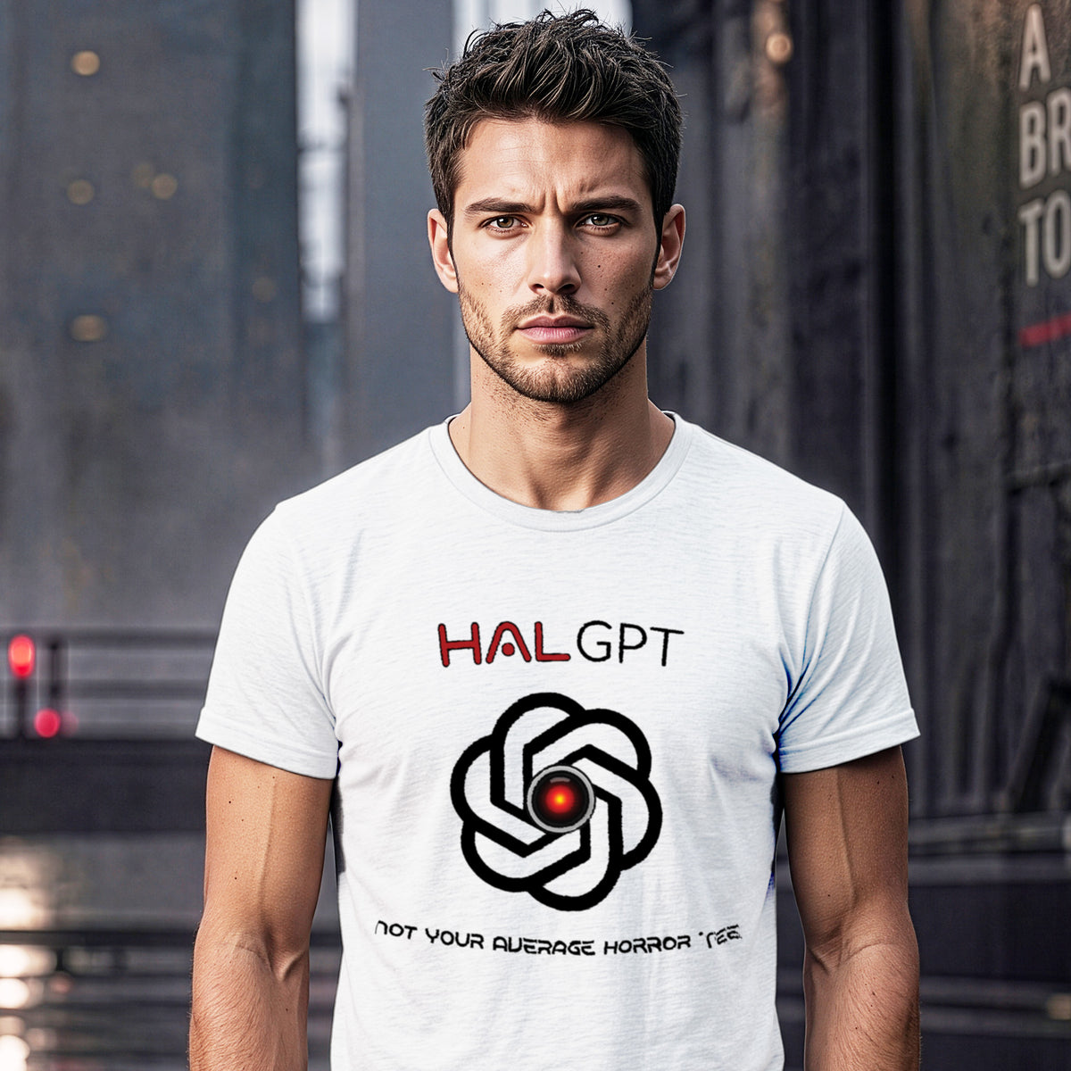 Man wearing a white HAL GPT “2001 Could Be 2030” AI horror T-shirt
