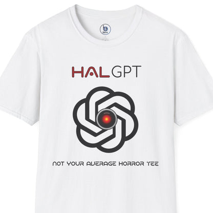 White HAL GPT “2001 Could Be 2030” AI horror layflat T-shirt hanging