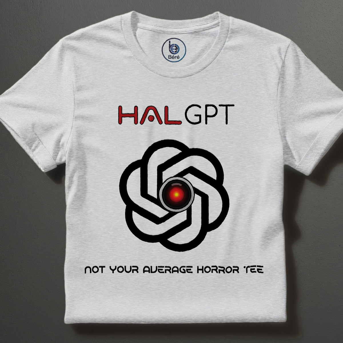 White HAL GPT “2001 Could Be 2030” AI horror T-shirt laid flat