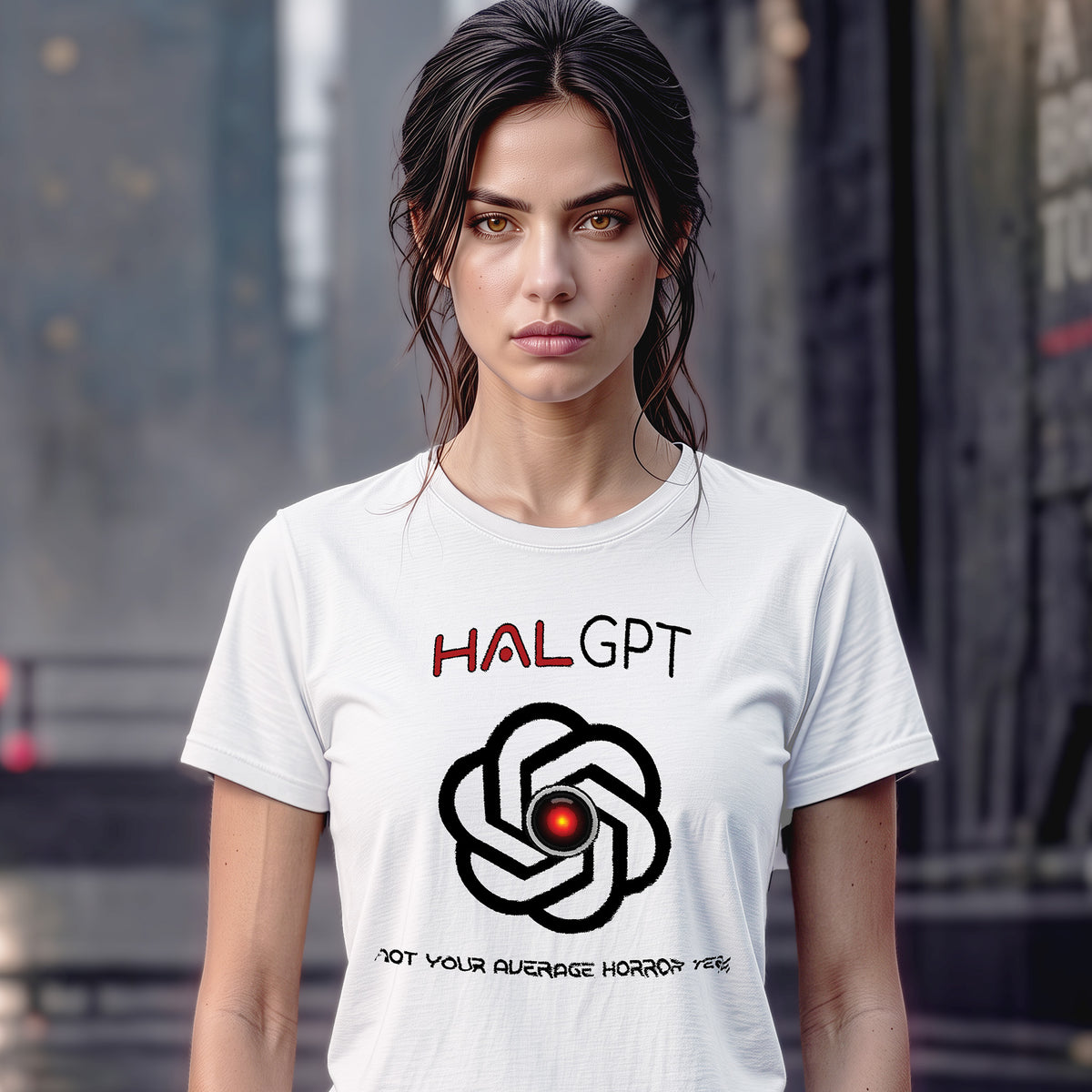 Woman wearing a white HAL GPT “2001 Could Be 2030” AI horror T-shirt