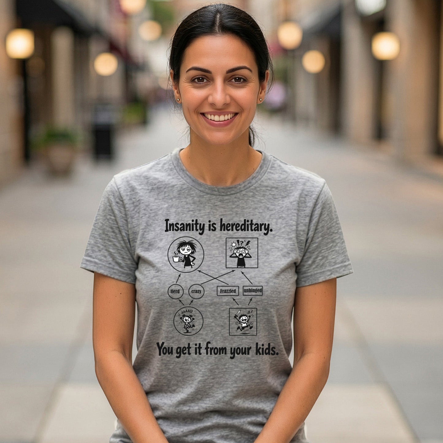 woman wearing funny insanity is hereditary science mom t-shirt front view