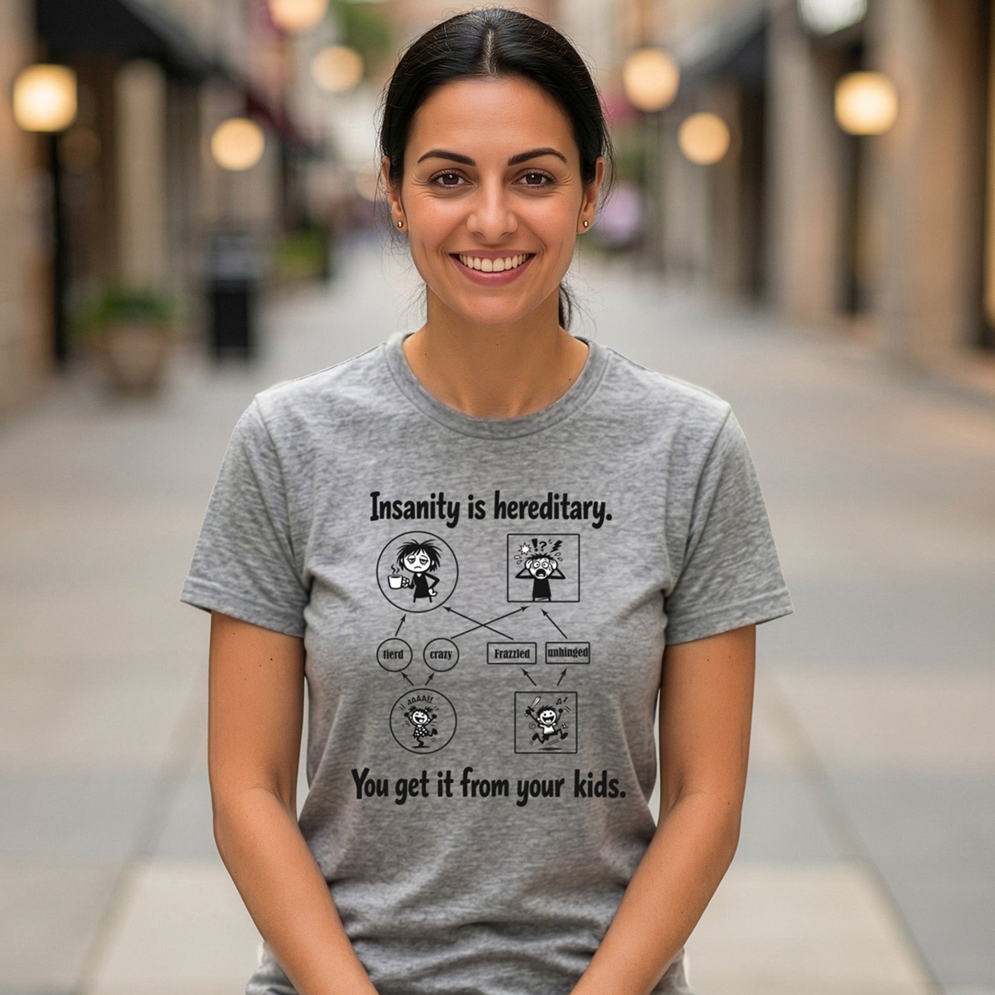 woman wearing funny insanity is hereditary science mom t-shirt front view