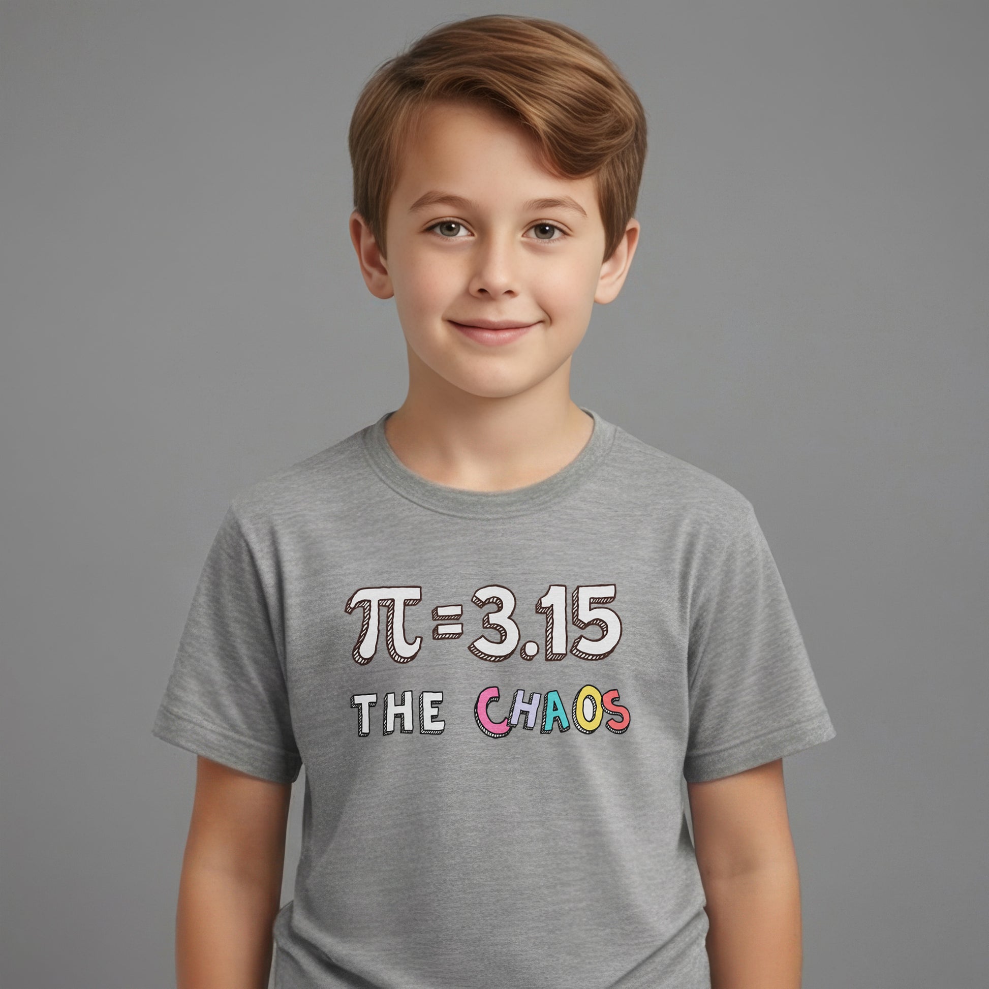 child wearing “π = 3.15 The Chaos” math graphic  Pi Day kids t-shirt  in sports grey