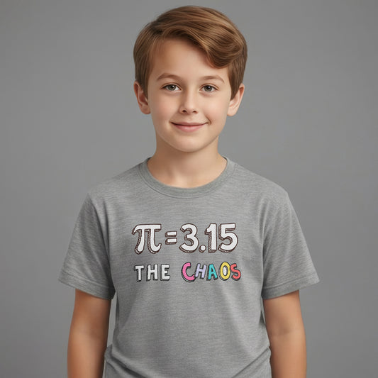 child wearing “π = 3.15 The Chaos” math graphic  Pi Day kids t-shirt  in sports grey